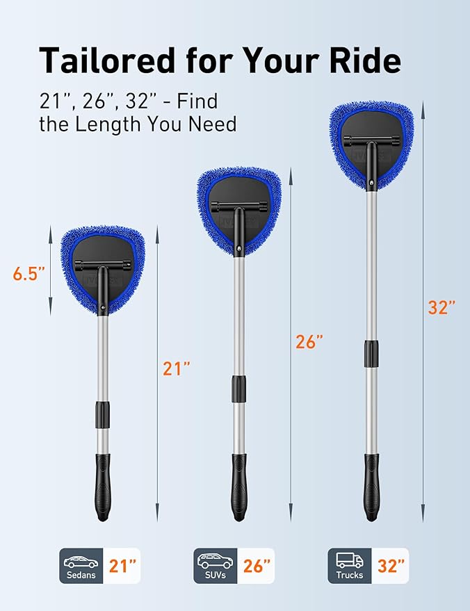 AstroAI 21" Extra-Long Windshield Cleaner Tool, Car Interior Detailing Cleaning Kit with Extendable Handle and 4 Upgraded Reusable Microfiber Pads, Auto Glass Wiper Brush Kit for Cars, Blue, 2 Pack - Image 2