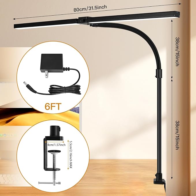 LED Desk Lamp with Clamp, Dual Head Monitor Light, Remote | 24W Dimmable Eye-Caring Task Lamp with Timer, Anti-Glare Cover and Gooseneck for Home Office Dorm, Workbench and Study - Image 4