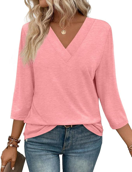 WIHOLL Womens Tops 3/4 Length Sleeve V Neck Casual Tunic Tops Basic Shirts Loose Fit Blouse by WIHOLL