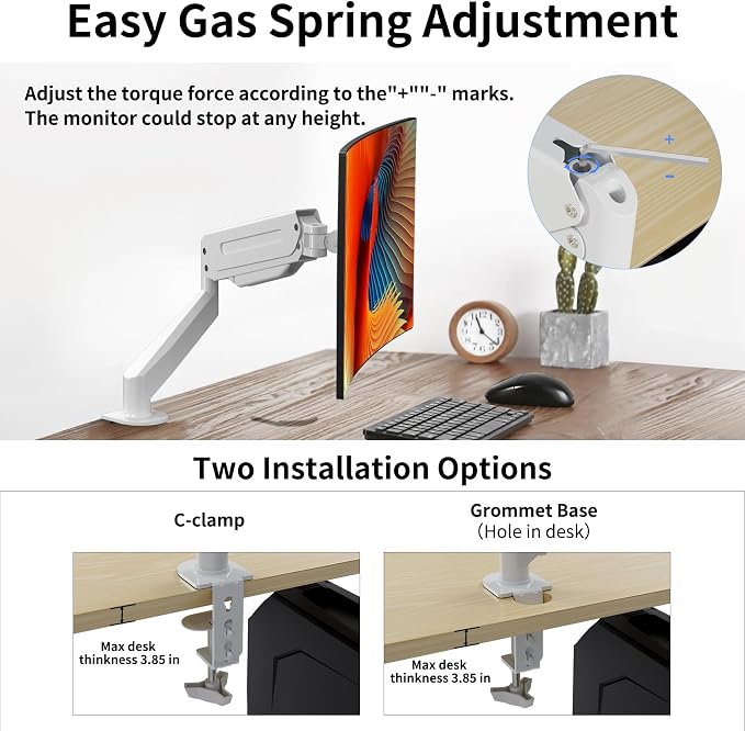 Suptek Monitor Mount Gas Spring Monitor Arm Desk Mount Fully Adjustable Fits 17 20 22 23 24 26 27 32 35 inch Monitors Weight Capacity up to 24.25 lbs, White - Image 6