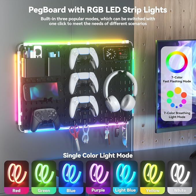KDD 9 in 1 RGB Gaming Wall Organizer Peg Board - DIY Pegboard Combination Kit with Phone Stand/Pen Holder/Storage Box/Headset & Controller Holder/Hooks for Office & Home Gamer Room Decor Accessories - Image 4