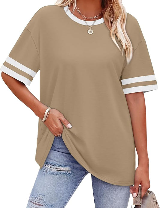 WIHOLL Womens T Shirts Loose Fit Short Sleeve Tees Crew Neck Color Block Summer Tops 2026 Fashion by WIHOLL