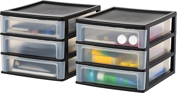 IRIS USA 2-Pack, 3-Drawer Medium Plastic Stacking Desktop Organizer, Black | Organize office supplies, stationery, makeup, craft materials and everyday essentials for neat desktop storage by IRISUSA