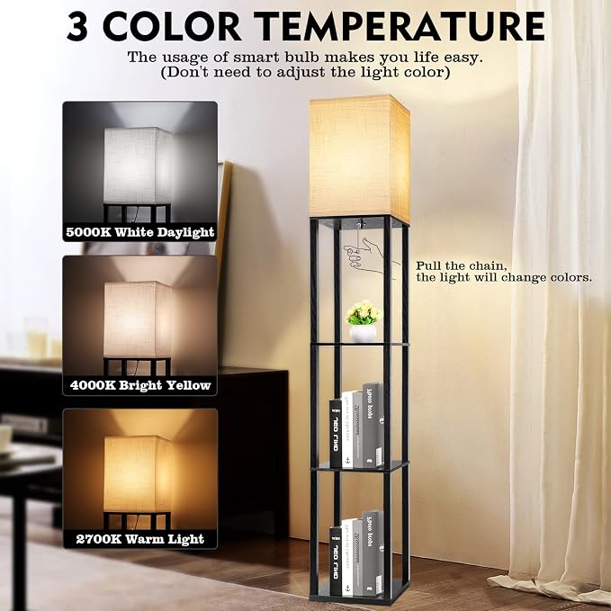 RUNTOP Floor Lamp with Shelves, Shelf Lamp with 3 Color Temperature LED Bulb,Floor-Lamp for Living Room, Modern Tall Standing Display Shelf Floor Lamps for Bedroom, Office (Black) - Image 2