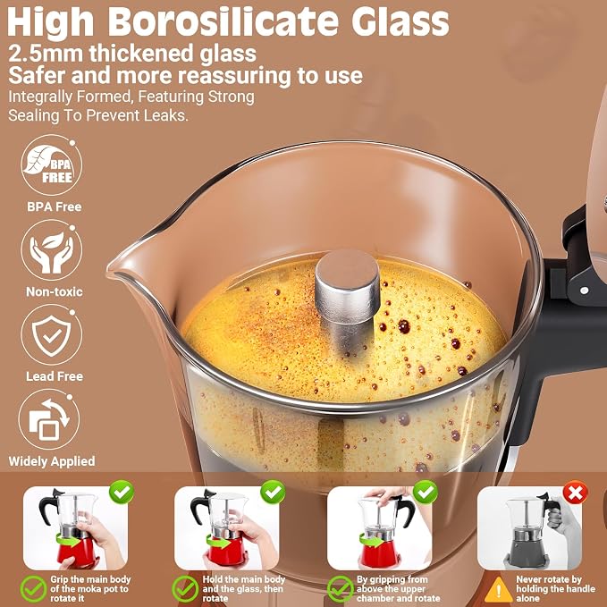 9 Cup 450ml Glass Moka Pot, Stovetop Espresso Maker, Red | Crystal Glass-top & Stainless Steel Coffee Maker, Induction Compatible, for Greca de Cafe, Cuban and Italian Coffee Brewing - Image 3