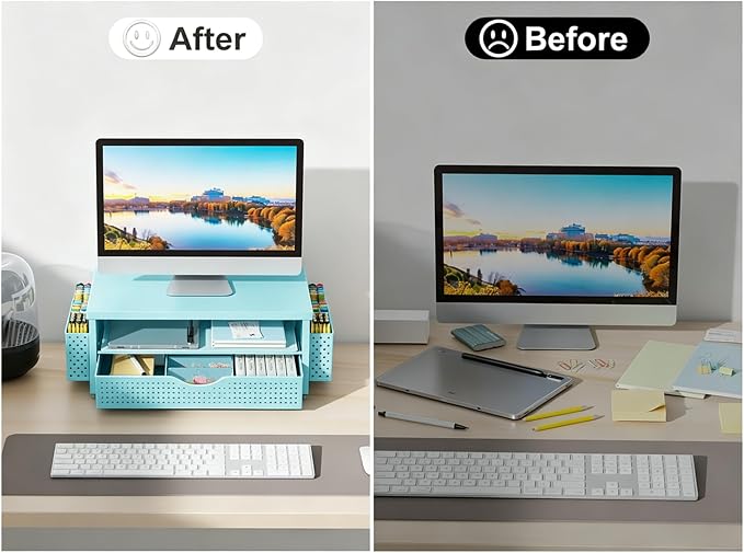 gianotter Desk Organizers and Accessories, Monitor Stand with Drawer and 2 Pen Holder, Desktop Organizer Suitable for Offices and Dormitories (Blue-Plain) - Image 3