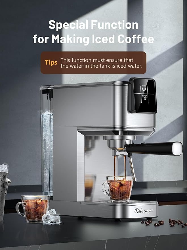 RELEXNOW Espresso Machine, 20 Bar Espresso Maker Milk Frother & LCD Panel, Hot & Iced Coffee Machine, Stainless Steel Espresso Coffee Machine with 41oz Water Tank for Cappuccino, Latte - Image 5