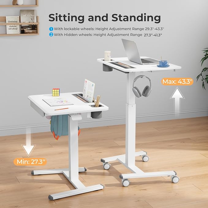 28" Mobile Standing Desk with Drawer, Portable Laptop Desk | Rolling Desk with Cup Holder & Hooks, Height Adjustable Computer Cart on Wheels for Classroom, Study Desk with Storage, White - Image 5