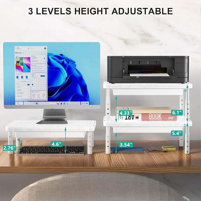 WALI Computer Monitor Stand with Storage, Desk Monitor Riser 3 Height Adjustable, Laptop Riser with Airflow Vents, Desk Organizer for Computer, Laptop, Printer (PTT002-M), 1 Pack, Marble - Image 4