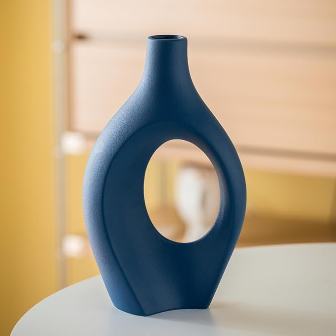 Lvases Blue Snuggle Hollow Ceramic Vase Minimalist Decorative Vases of 2 | 11 Inch Nordic Boho Decor Home Flower Vases for Living Room Coffee Table, Bookshelf Mantle & Entryway Pampas Grass Display - Image 9
