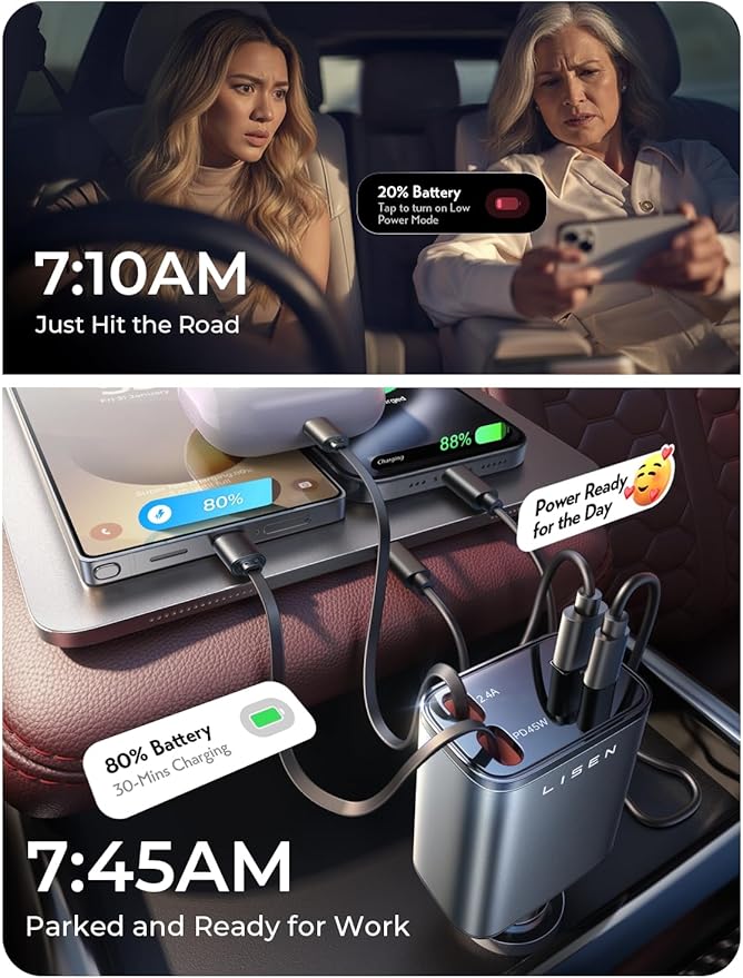LISEN Retractable Car Charger, 84W Car Charger USB C Fast Charge, Multi Cigarette Lighter Adapter, 4 in 1 Car Accessories Birthday Gifts for Men Women Dad Mom Husband, for iPhone 17 16 15 14 13 12 X - Image 5
