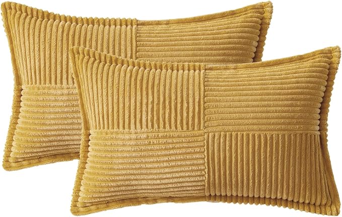 MIULEE Decorative Lumbar Throw Pillow Covers for Couch Bed Livingroom 12x20 Inch Set of 2 Gold Boho Accent Throw Pllows Broadside Striped Patchwork Soft Corduroy Summer Pillowcases - Image 6