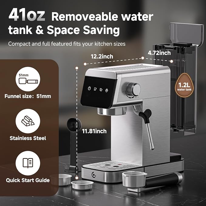 AMZCHEF Espresso Machine 20 Bar, Compact Coffee Maker with LED Touch Screen & Steam Milk Frother, Espresso Maker with 41oz Removable Water Tank for Home & Office, Coffee Machine for Cappuccino, Latte - Image 6