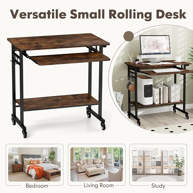 Tangkula Rolling Computer Desk Cart with Keyboard Tray, Mobile Portable Laptop PC Desk with CPU Stand & 3 Hooks for Sofa & Bed, Industrial Small Desk on Wheels for Small Spaces, Home Office Desk - Image 9