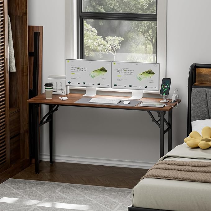 TEMI Long Computer Desk Folding Table - No Assembly, Compact 55.1" Foldable Desk with Power Outlets & USB Charging Port, Portable Lagre Office Desk, Ideal Large Study Table for Narrow Spaces, Walunt - Image 2