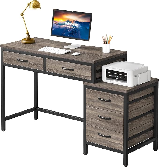 Tribesigns Computer Desk with 5 Drawers, Reversible Home Office Desks | Small Desk with Drawer Cabinet Printer Stand, PC Desk with Storage, Grey Study Writing Table Workstation for Small Spaces by Unknown