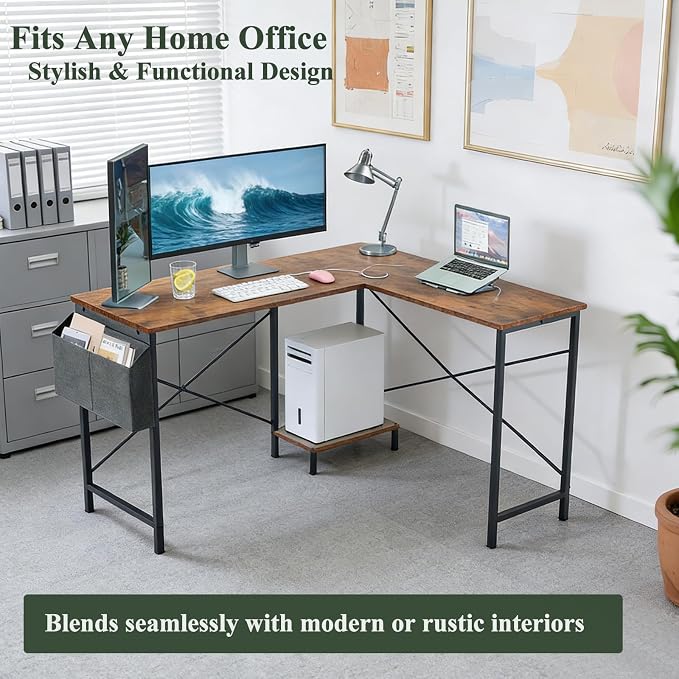L Shaped Desk Computer Desk, 50inch Brown Gaming Desk with CPU Stand | Reversible Corner Desk, Storage Bag, Sturdy Metal Frame, Student Study Writing Table for Home Office - Image 8