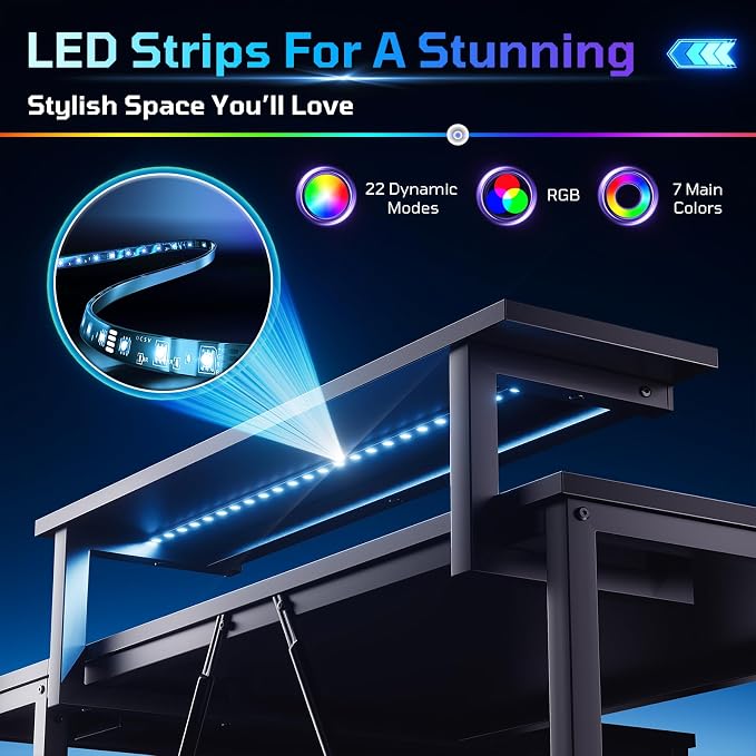 Bestier 42-Inch L-Shaped Computer Desk with Charging & LED, Black | Charging 2AC+USB+Type-C, RGB LED Strip, Reversible Shelves, Monitor Stand, Headphone Hook, Cable Mgmt, Small Space - Image 6
