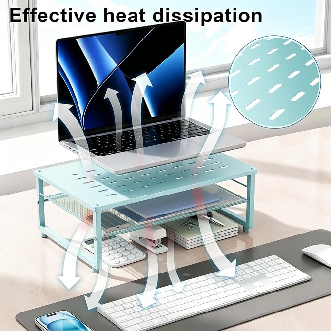 gianotter 2-Tier Metal Monitor Stand Riser, Desk Organizer for Monitor, Office Desk Storage Organizer for Office Supplies (Blue) - Image 3