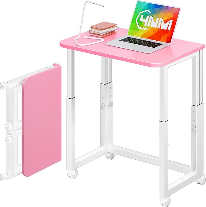 4NM No Tool Assembly 23.6" Small Desk, Folding Portable Desk with Wheels, Adjustable Height Foldable Computer Home Office Desks, Collapsible Study Writing Table for Space Saving Bedroom - Pink White by 4NM