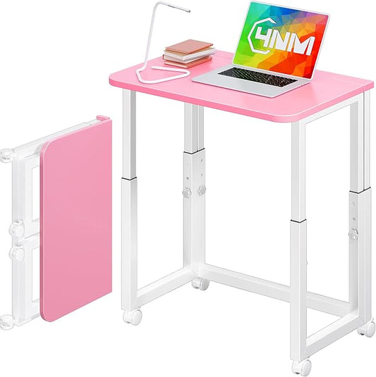 4NM No Tool Assembly 23.6" Small Desk, Folding Portable Desk with Wheels, Adjustable Height Foldable Computer Home Office Desks, Collapsible Study Writing Table for Space Saving Bedroom - Pink White by 4NM
