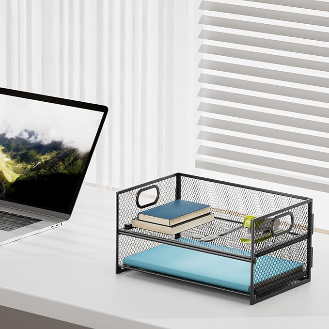 Marbrasse 2 Tier Paper Organizer Letter Tray, Mesh File Organizer with Handle, Paper Sorter Desk Organizer for Home Office Supplies - 2P - Image 3