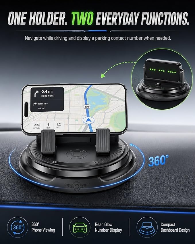 Car Phone Holder 360 Degree Rotation Navigation Mount Splendid Dashboard Windshield Accessories for Women Rotating Soporte De Telefono para Carro Grip Anti-Slip Grips(Glow Number Edition) - Image 2