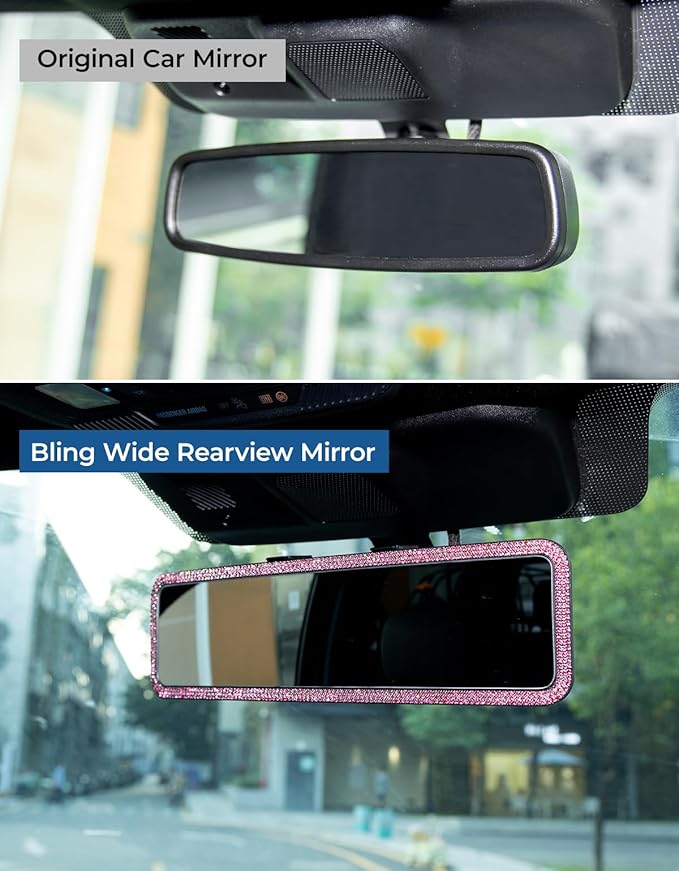 JOYTUTUS Rear View Mirror, Universal 12 Inch Panoramic Rearview Accessories with Bling Rhinestones Crystal Diamonds Edge, Interior Clip-on Wide Angle Rear View Mirror -Pink - Image 2