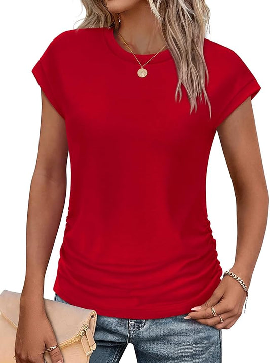 Sampeel Womens Summer Tops Trendy 2026 Ruched Cap Short Sleeve Tshirts Shirts Crew Neck T Shirts Fashion by SAMPEEL
