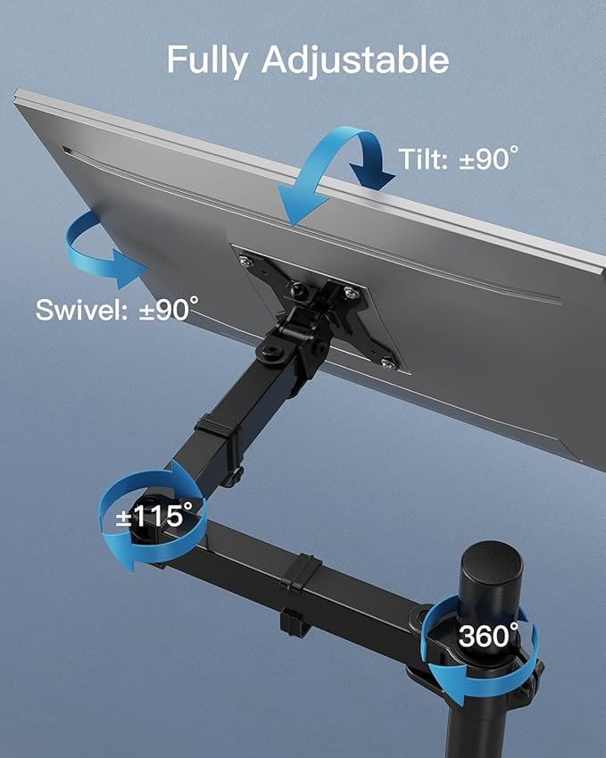 HUANUO Single Monitor Arm with 39 inch Extra-Tall Pole, Adjustable Computer Desk Mount for 13–32 inch Screens and up to 38 inch Ultrawide Screens, Hold 22 lbs, Monitor Stand with C-Clamp & Grommt Base - Image 6