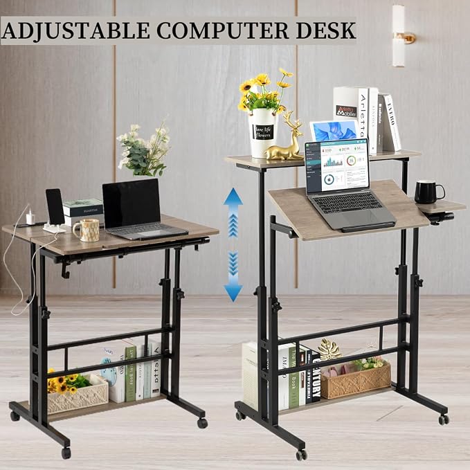 Hadulcet Rolling Stand Up Desk Adjustable Height - Portable Standing Desk with Wheels & Charging Station, Mobile Laptop Desk Small Standing Desk Drawing Table, Grey - Image 6
