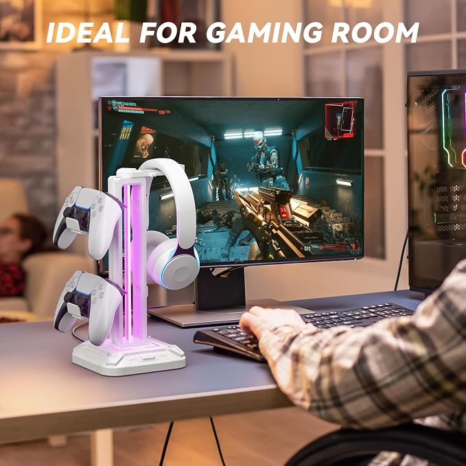 KDD RGB Headset Stand with 9 Light Modes - Controller Holder for Desk - Rotatable Headphone Stand & Detachable Controller Hook for PC Earphone Accessories(White) - Image 7