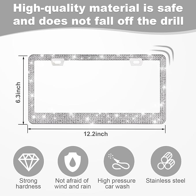 QUANQIUFEI 2 Pack Bling License Plate Frames for Women, Sparkly Rhinestone Diamond Car Accessories with Glitter Crystal Caps (Silver) - Image 2