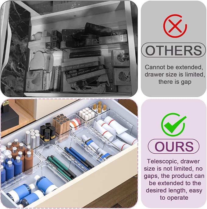 14 Pcs Clear Drawer Organizer, Adjustable Drawer Storage Box, 3-Size Desk Drawer Organizer, Acrylic Storage Bins for Makeup, Cosmetic, Kitchen Utensils, Bedroom Dressers Tool Organizer for Gadgets - Image 4