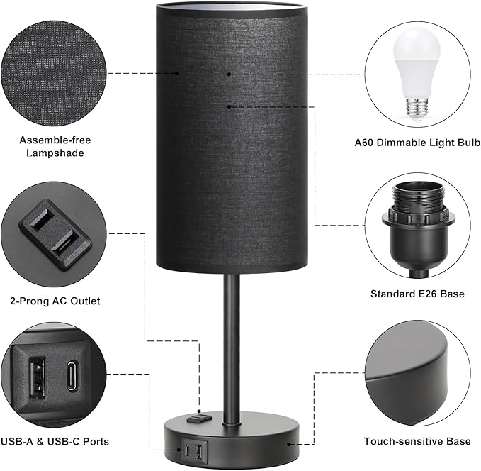 Fenmzee Touch Nightstand Lamp - Black, 3-Way Dimmable, USB A + C Charging, AC Outlet, 17.4inch Medium - Image 5