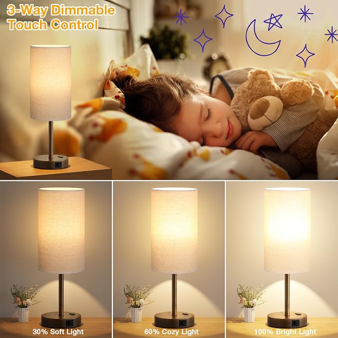 Dicoool 17.4" Bedside Lamp for Bedroom - Dimmable Touch, USB A+C, AC Outlet | LED Bulb Included, 3-Way Dimmable, 17.4" Table Lamp for Living Room, Dorm, Beige Fabric Lampshade, Brown Metal Base - Image 3
