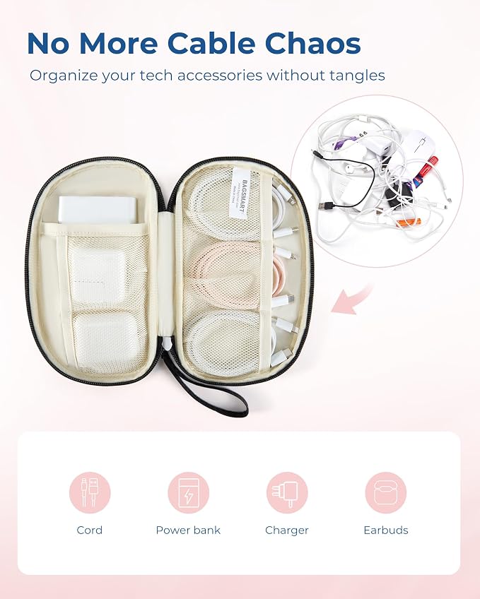 BAGSMART Travel Cord Organizer Electronics Case, Puffer Cable Organizer Bag Travel Essentials for Women, Small Tech Organizer Travel Case for Charger, Cable, Phone, Flash Drive Black - Image 2