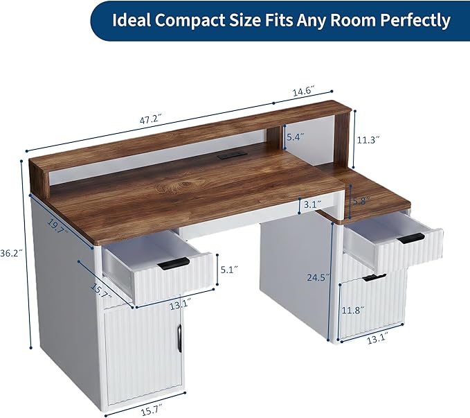 IDEALHOUSE Rectangular Computer Desk with Hutch & Printer Stand, Ripple Door Storage Home Office Desk, Space-Saving Study Writing Desk for Bedroom, Sturdy Board Student Desk with Easy Assembly - Image 2