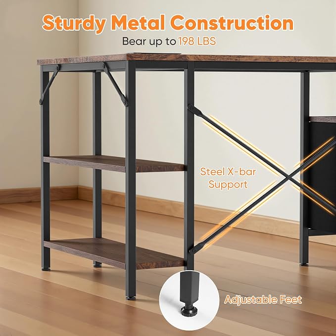 DUMOS L Shaped Desk with Drawers, Gaming Desk, 47 Inch | Power Outlet, Study Table, Adjustable Shelves, Home Office, Corner Computer Workstation, Bedroom, Brown - Image 7