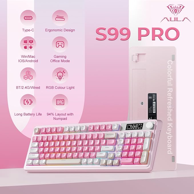 AULA S99pro Wireless Pink Keyboard,Full Size Creamy Gaming Keyboard | Tri-Mode Bluetooth/wireless/2.4GHz,RGB Backlit,Media Knob Programmable ABS Keycaps&Screen,Membrane Keyboard with Number Pad - Image 2