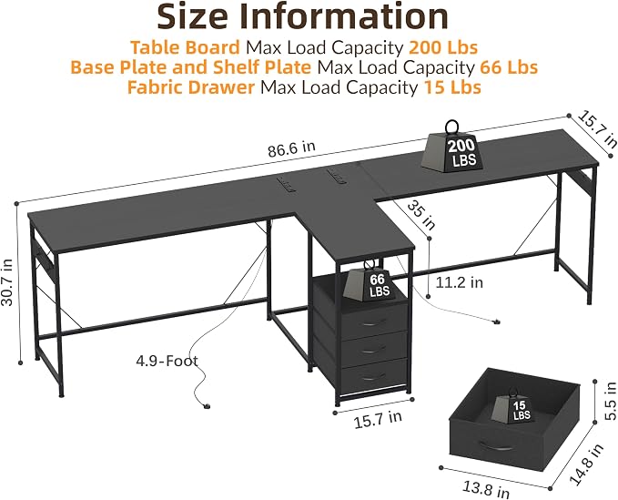YOSHOOT 2 Person Computer Desk, 87" Long Gaming Desk for 2 People | Double Desk with 3 Fabric Drawers and 2 Power Outlets, Home Office Table for Adults and Teenagers, Black - Image 3