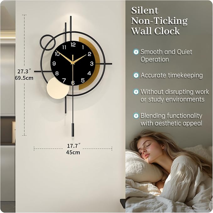 Large Wall Clock for Living Room Decor Modern Wall Clock with Pendulum Silent Quartz Battery Operated Metal Decorative Clock for Dining Room,Kitchen,Home,Bathroom,Bedroom,17.7x27.3 in - Image 4