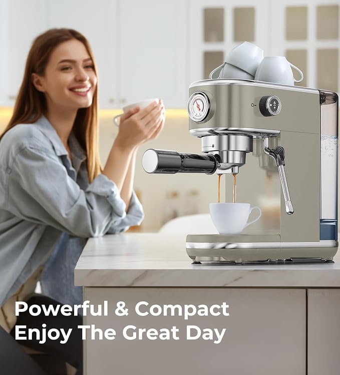 atatix 20 Bar Espresso Machine with Milk Frother, Compact Espresso Maker | Stainless Steel Coffee Machine with Precise Temp Control & 44oz Removable Water Tank for Latte, Cappuccino, Light Grey - Image 8