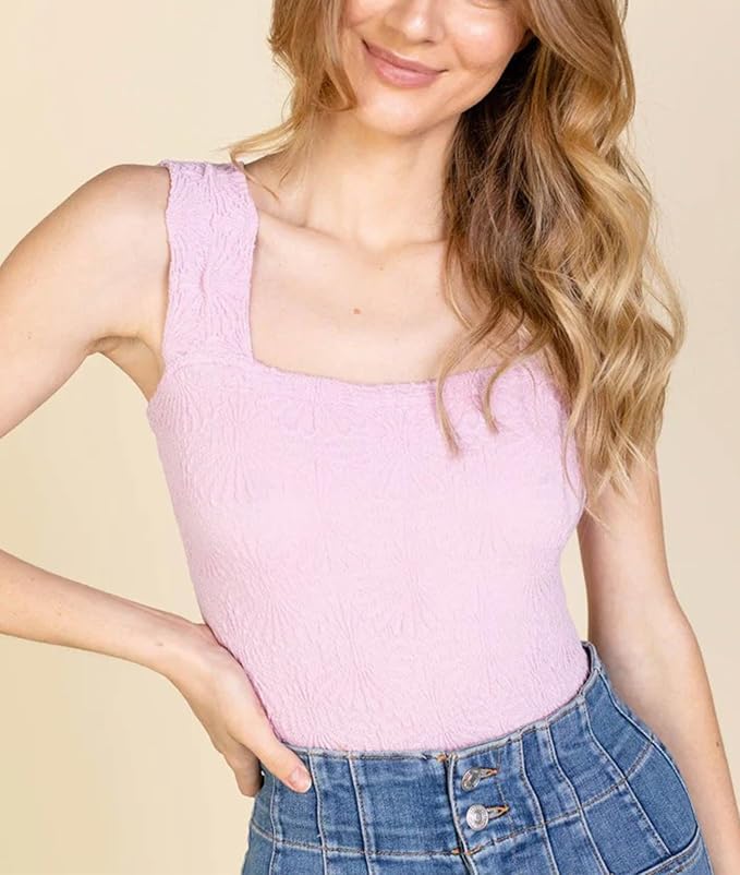 Women's Square Neck Wide Strap Crop Tank Tops Flower Going Out Tops Slim Fit Lettuce Trim Crop Cami Tops - Image 3