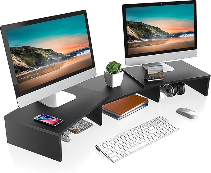 FITUEYES Dual Monitor Stand Riser, Adjustable Length and Angle, Black | Wooden 3-Shelf Design, Supports up to 55lbs, Flexible for Standard Corner Space, Holds Monitor, Laptop, Phone, Printer by FITUEYES