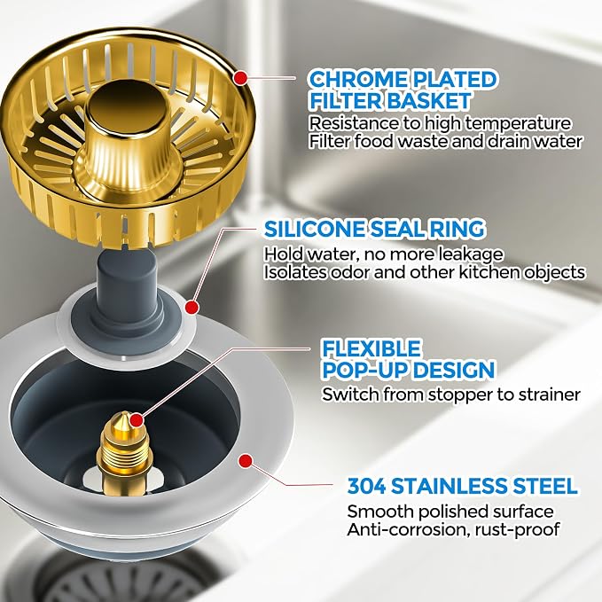 zaa 3 in 1 Kitchen Sink Drain Strainer Stopper Removable Basket Pop-Up | Kitchen Sink Accessories 1 Pack Gold Stainless - Food Catcher, Odor-Blocking Seal, Fits 3.5" Drain - Image 6