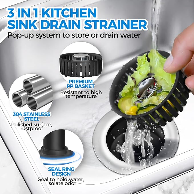 zaa 3 in 1 Kitchen Sink Drain Strainer Stopper Removable Basket Pop-Up | Kitchen Sink Accessories 2 Pack Black Stainless - Food Catcher, Odor-Blocking Seal, Fits 3.5" Drain, Easy Clean - Image 2