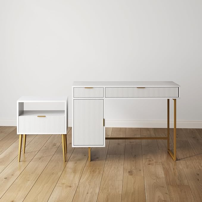 Nathan James Jacklyn White Modern Computer Desk, Workstation or Writing Desk for Small Spaces with Drawers and Cabinet Storage, White/Pale Gold - Image 7