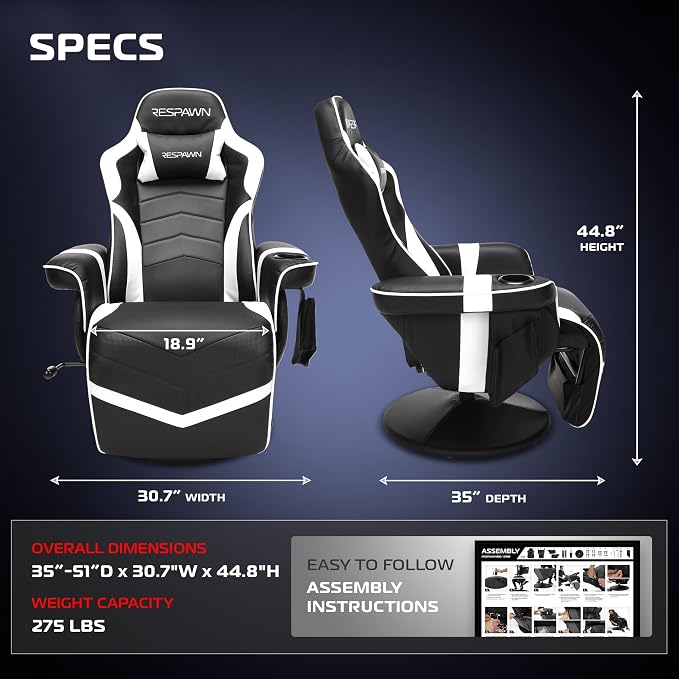 RESPAWN 900 Gaming Recliner Chair with Footrest, Cup Holder and Swivel | Ergonomic gaming recliner with footrest, cup holder, lumbar support, 135° recline & 360° swivel for console gaming - Image 2