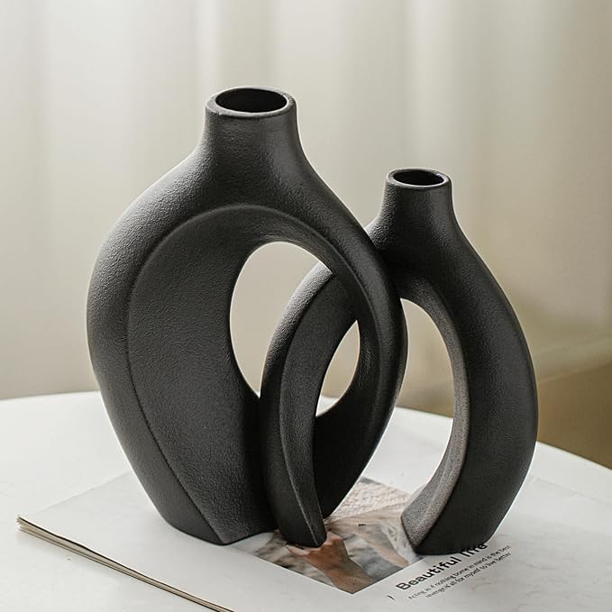 Lvases Snuggle Hollow Modern Ceramic Vase Set of 2, Mid Century Nordic Aesthetic Decorative Vase Decorative Vases for Home Table Decor (Matte Black W 6.3" X H 8.4") - Image 5